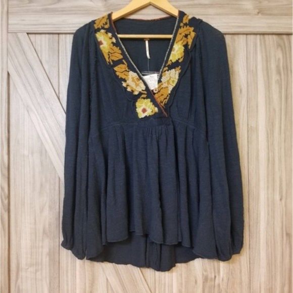 New Free People Rose Red Linen Blend Embroidered Blue - Picture 10 of 16